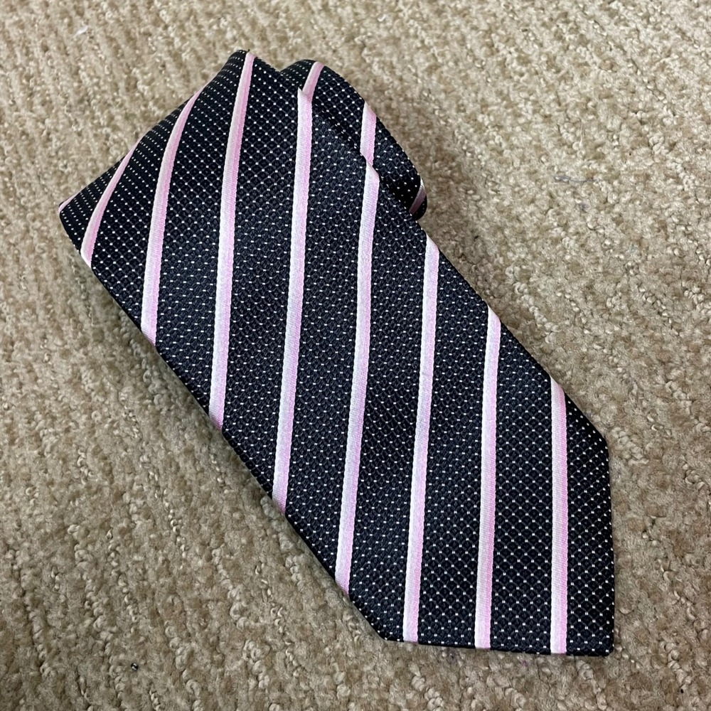Hugo Boss Mens Repp Black Pink Stripe Dot Silk Tie Italy Business Core Timeless‎